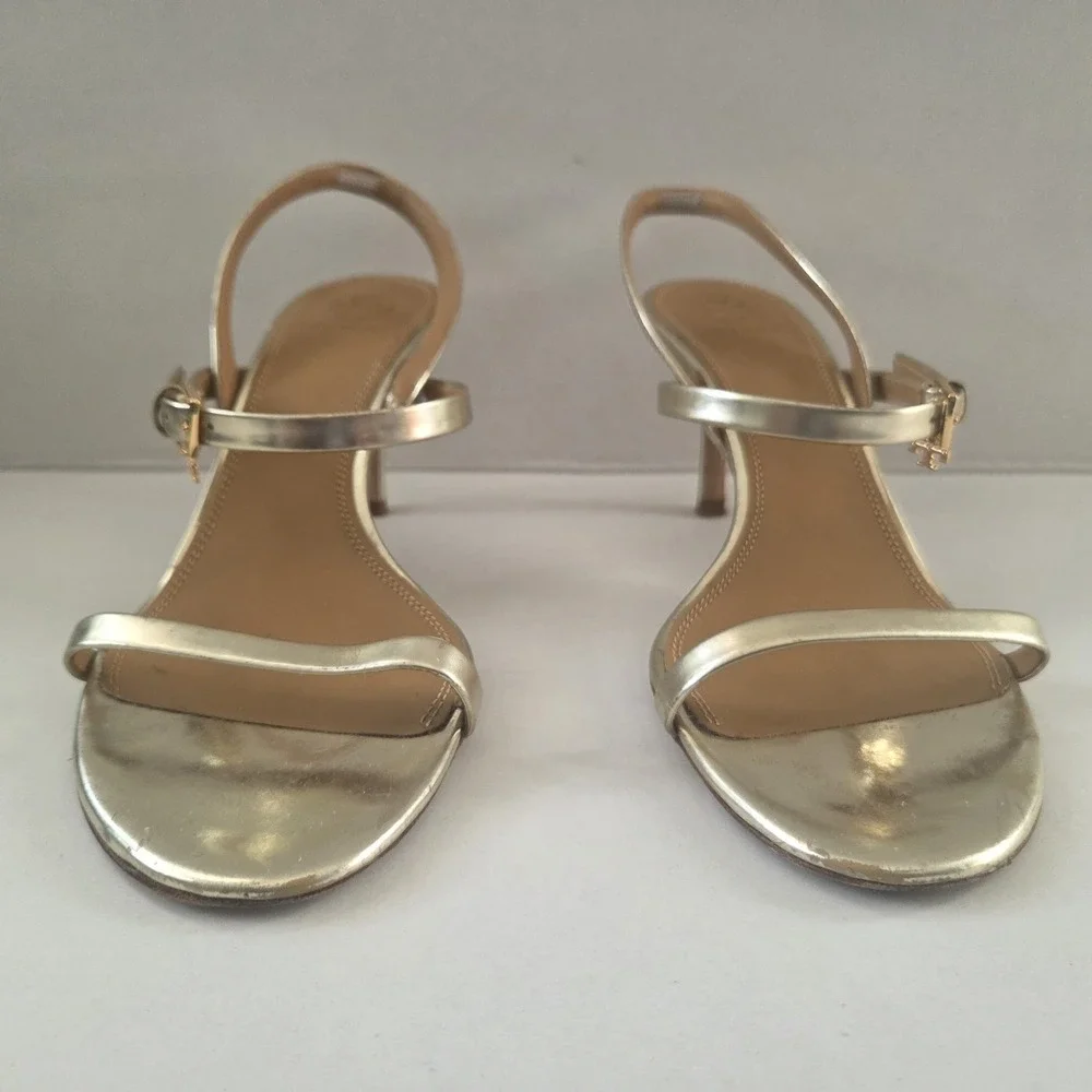 Tory Burch Womens Gold Metallic Ankle Strap Sandals Heels Size 8 Logo Charm